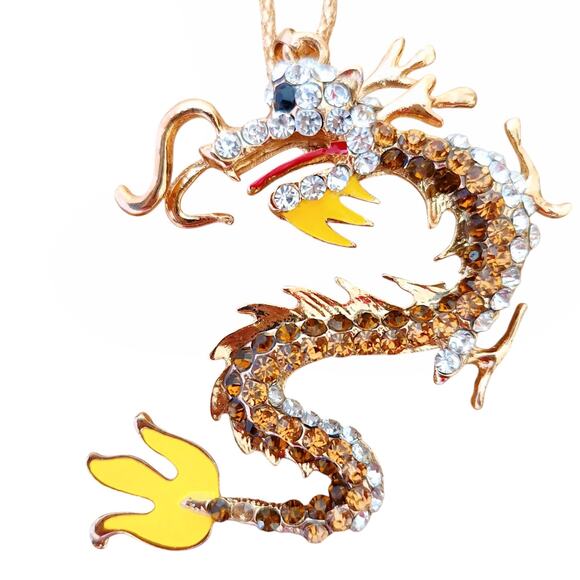 BETSEY JOHNSON bling statement chain goldtone Dragon amber crystal necklace NEW - Picture 2 of 5